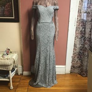 Silver off the shoulder prom dress